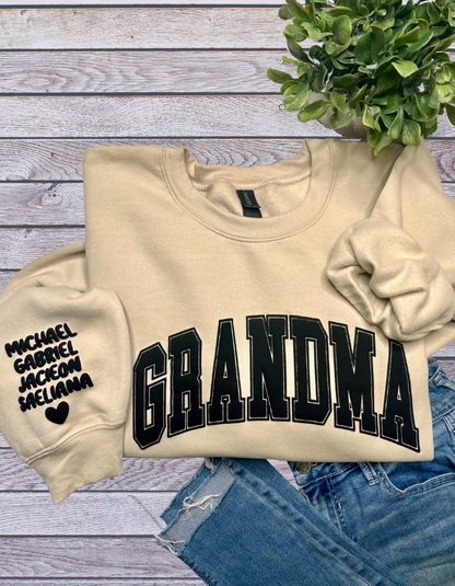 Grandma Puff Print Sweatshirt with Children's name on Sleeve