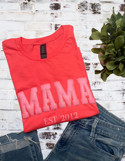 Glitter MAMA Puff Print Tshirt with EST Year