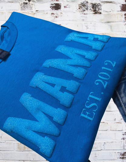 Glitter MAMA Puff Print Tshirt with EST Year