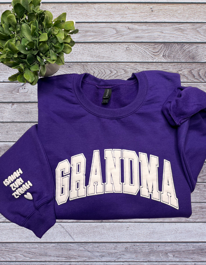 Grandma Puff Print Sweatshirt with Children's name on Sleeve