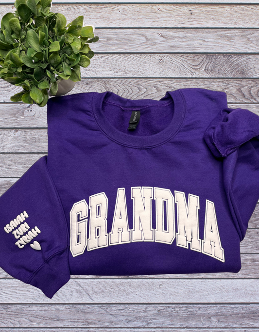 Grandma Puff Print Sweatshirt with Children's name on Sleeve